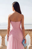 Light Blue Ruched Tulle Strapless Long Wedding Guest Dress with Slit