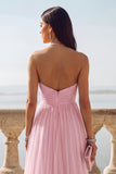 Light Blue Ruched Tulle Strapless Long Wedding Guest Dress with Slit