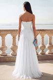 Light Blue Ruched Tulle Strapless Long Wedding Guest Dress with Slit