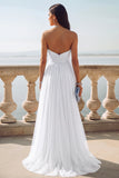 Light Blue Ruched Tulle Strapless Long Wedding Guest Dress with Slit