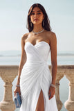 Light Blue Ruched Tulle Strapless Long Wedding Guest Dress with Slit