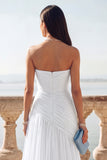 Light Blue Ruched Tulle Strapless Long Wedding Guest Dress with Slit