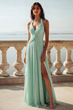 Light Green Ruched Halter Long A-Line Wedding Guest Dress with Slit