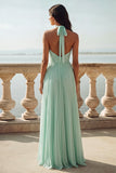 Light Green Ruched Halter Long A-Line Wedding Guest Dress with Slit