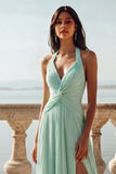 Light Green Ruched Halter Long A-Line Wedding Guest Dress with Slit