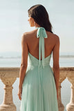 Light Green Ruched Halter Long A-Line Wedding Guest Dress with Slit