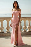 Pink Off the Shoulder Ruched Long A-Line Wedding Guest Dress with Slit