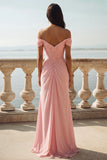 Pink Off the Shoulder Ruched Long A-Line Wedding Guest Dress with Slit