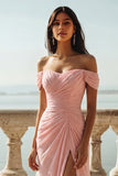Pink Off the Shoulder Ruched Long A-Line Wedding Guest Dress with Slit