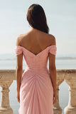 Pink Off the Shoulder Ruched Long A-Line Wedding Guest Dress with Slit