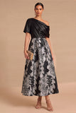 Black Floral One Shoulder A-Line Long Wedding Guest Dress