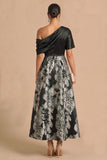 Black Floral One Shoulder A-Line Long Wedding Guest Dress