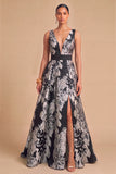 Black Floral V-Neck A-Line Long Wedding Guest Dress with Slit