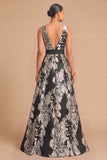 Black Floral V-Neck A-Line Long Wedding Guest Dress with Slit