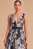 Black Floral V-Neck A-Line Long Wedding Guest Dress with Slit