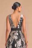 Black Floral V-Neck A-Line Long Wedding Guest Dress with Slit