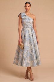 Light Blue Jacquard Floral One Shoulder A-Line Midi Wedding Guest Dress with Bow