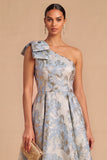 Light Blue Jacquard Floral One Shoulder A-Line Midi Wedding Guest Dress with Bow