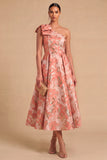 Light Blue Jacquard Floral One Shoulder A-Line Midi Wedding Guest Dress with Bow