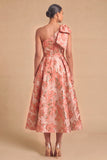 Light Blue Jacquard Floral One Shoulder A-Line Midi Wedding Guest Dress with Bow