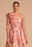 Light Blue Jacquard Floral One Shoulder A-Line Midi Wedding Guest Dress with Bow