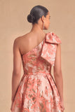 Light Blue Jacquard Floral One Shoulder A-Line Midi Wedding Guest Dress with Bow