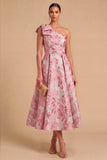 Light Blue Jacquard Floral One Shoulder A-Line Midi Wedding Guest Dress with Bow