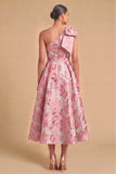 Light Blue Jacquard Floral One Shoulder A-Line Midi Wedding Guest Dress with Bow