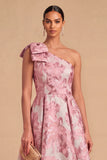 Light Blue Jacquard Floral One Shoulder A-Line Midi Wedding Guest Dress with Bow