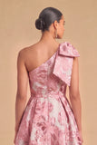 Light Blue Jacquard Floral One Shoulder A-Line Midi Wedding Guest Dress with Bow