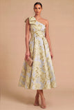 Light Blue Jacquard Floral One Shoulder A-Line Midi Wedding Guest Dress with Bow