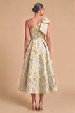 Light Blue Jacquard Floral One Shoulder A-Line Midi Wedding Guest Dress with Bow