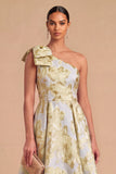 Light Blue Jacquard Floral One Shoulder A-Line Midi Wedding Guest Dress with Bow