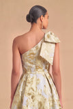Light Blue Jacquard Floral One Shoulder A-Line Midi Wedding Guest Dress with Bow