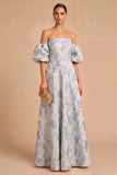 Floral Light Blue Jacquard Off the Shoulder A-Line Long Wedding Guest Dress