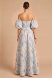 Floral Light Blue Jacquard Off the Shoulder A-Line Long Wedding Guest Dress