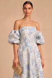 Floral Light Blue Jacquard Off the Shoulder A-Line Long Wedding Guest Dress
