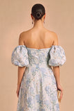 Floral Light Blue Jacquard Off the Shoulder A-Line Long Wedding Guest Dress