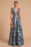Floral Blue Jacquard V-Neck A-Line Long Wedding Guest Dress