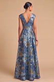 Floral Blue Jacquard V-Neck A-Line Long Wedding Guest Dress