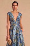 Floral Blue Jacquard V-Neck A-Line Long Wedding Guest Dress