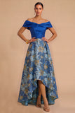 Blue Floral Jacquard Off the Shoulder A-Line High Low Wedding Guest Dress