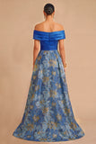 Blue Floral Jacquard Off the Shoulder A-Line High Low Wedding Guest Dress