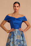 Blue Floral Jacquard Off the Shoulder A-Line High Low Wedding Guest Dress