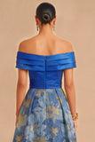 Blue Floral Jacquard Off the Shoulder A-Line High Low Wedding Guest Dress