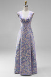 Purple Jacquard Floral A-Line V-Neck Long Wedding Guest Dress