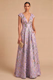 Purple Jacquard Floral A-Line V-Neck Long Wedding Guest Dress