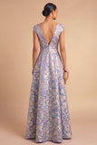 Purple Jacquard Floral A-Line V-Neck Long Wedding Guest Dress