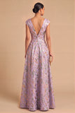 Purple Jacquard Floral A-Line V-Neck Long Wedding Guest Dress