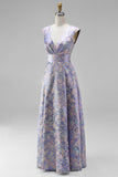 Purple Jacquard Floral A-Line V-Neck Long Wedding Guest Dress